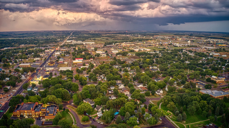 Aerial shot of Mitchell, South Dakota on a cloudy day