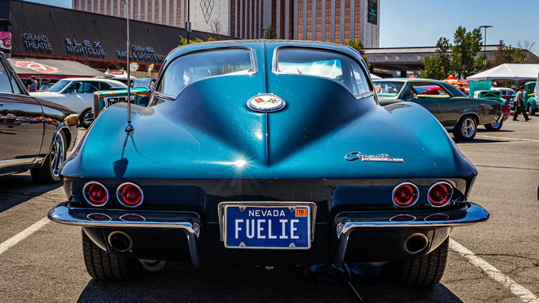 Rear view of a blue 1963 Chevrolet Corvette coupe