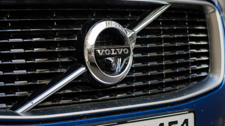 Volvo logo sign of the Swedish car brand. Manufacturer of high quality cars in Europe.