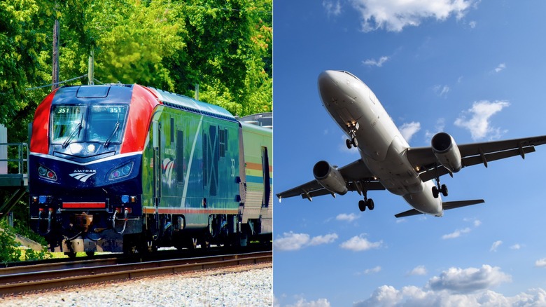 A passenger train and a jet in a side-by-side composite shot