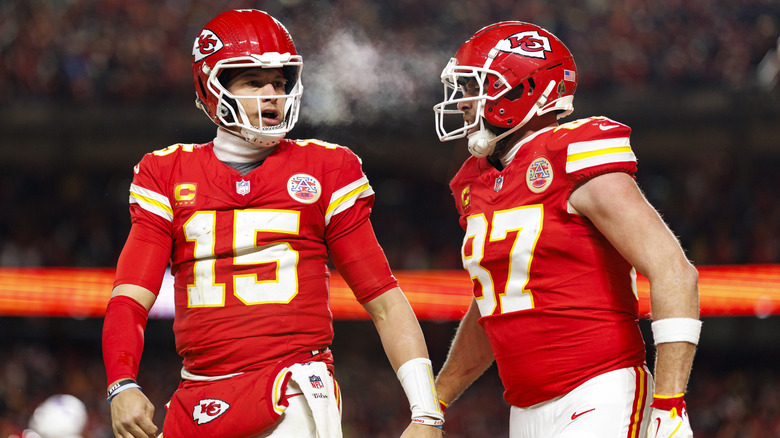 Travis Kelce and Ptarick Mahomes on the football field