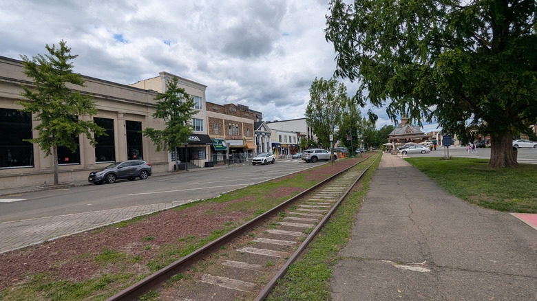 View of railroad tracks and Railroad Avenue in downtown Tenafly
