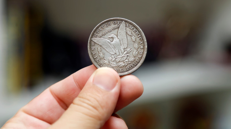 Fingers holding a Morgan Dollar