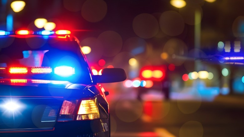 Police cars with lights on responding to a situation at night.