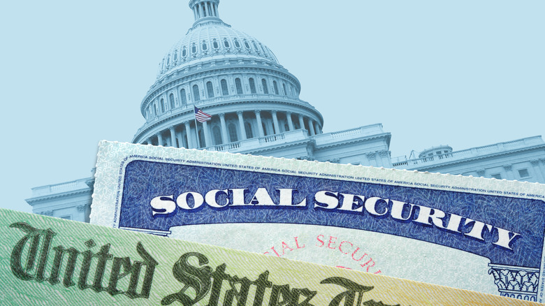 Social Security check and card over Capitol Building