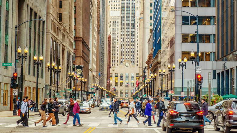 Civilians crossing the street in Downtown Chicago