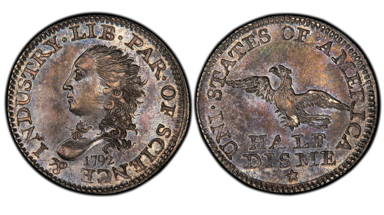 A side-by-side image of the obverse and reverse sides of the 1792 half disme, against a bright white background, from PCGS.