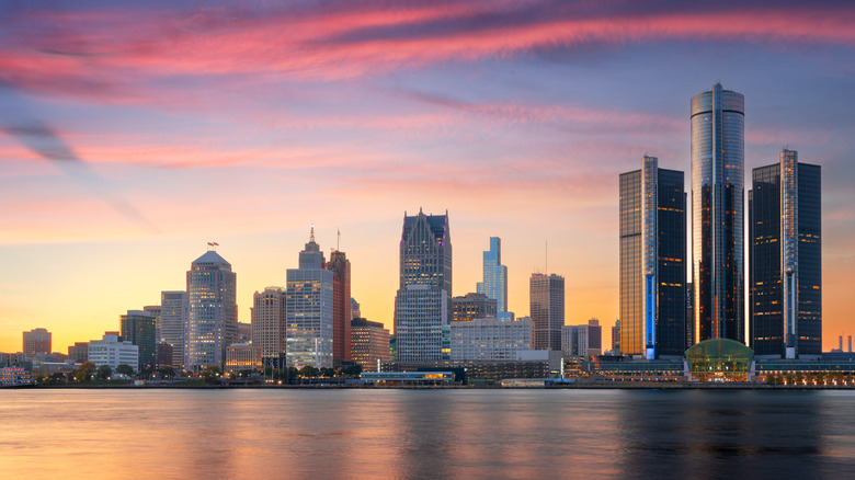 The Detroit river with a view of downtown.
