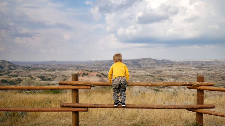 A little boy looks at the dramatic rocky terrain of the Badlands in North Dakota.