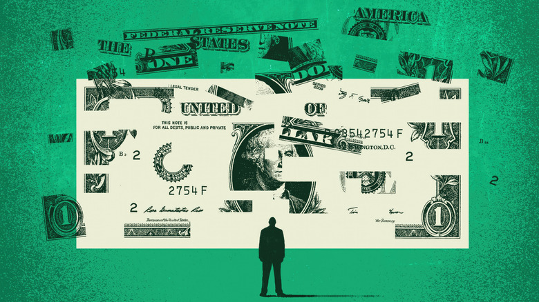 figure of man looking at $1 bill puzzle coming together