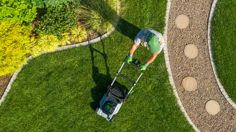 overhead view of a person mowing the lawn