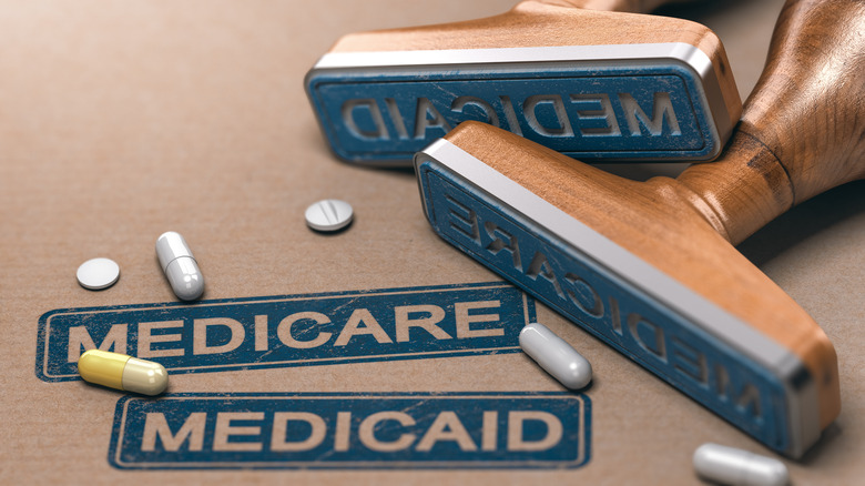 Image of stamps with pills over the words Medicare and Medeicaid