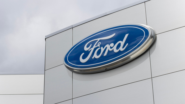 Ford logo on the front of a manufacturing plant.