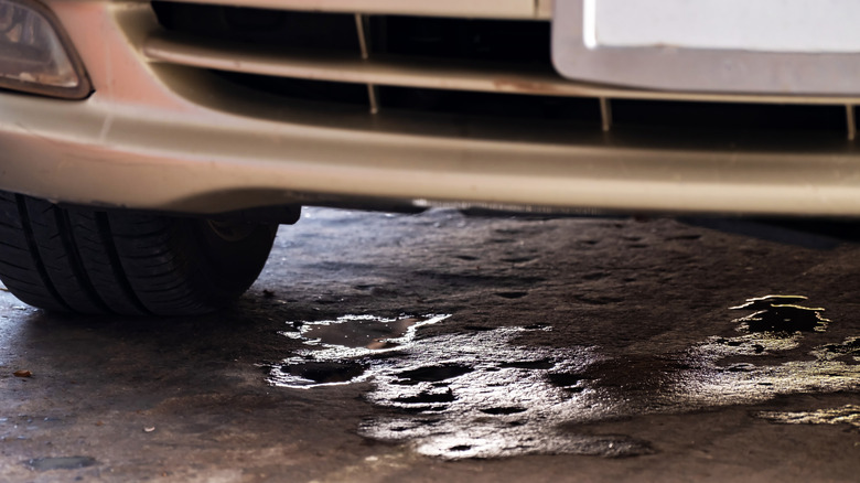 Car oil stains dripped onto the cement floor while the car was in park.