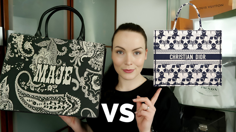 The thumbnail of a video of YouTube creator, Haruna C, pitting the MAJE Paisley Tote as an alternative to  Dior Book Tote.