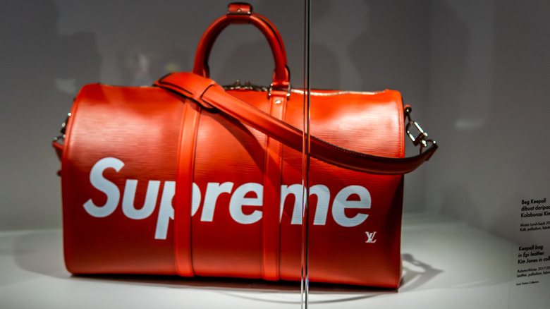 Louis Vuitton x Supreme Keepall Bandouliere Epi 45 Red at the Time Capsule Exhibition by Louis Vuitton KLCC in Kuala Lumpur.