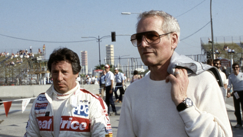 Race car driver Mario Andretti and actor Paul Newman at the Toyota Long Beach Grand Prix in the 1980s.