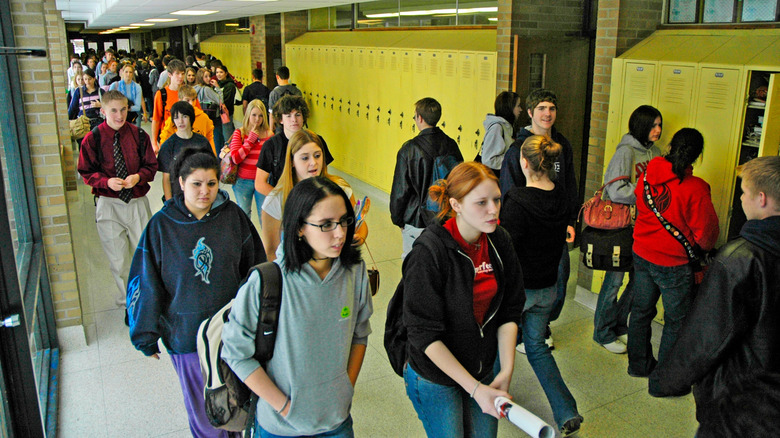 High school hallway filled with students in Lexington, Michigan