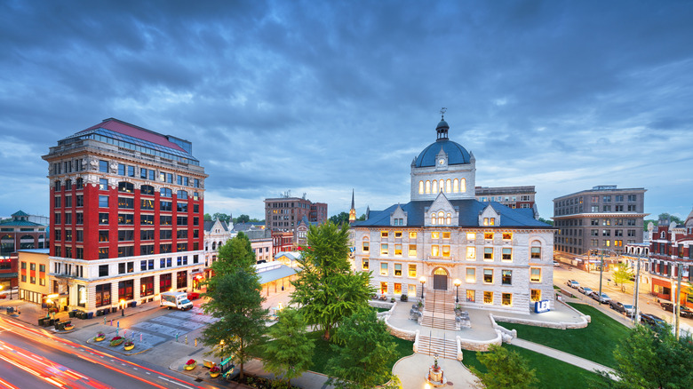 Aerial shot of Lexington, Kentucky, USA historic downtown cityscape at blue hour.