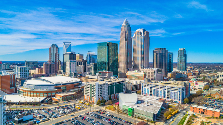Drone aerial view of downtown Charlotte, North Carolina, USA.