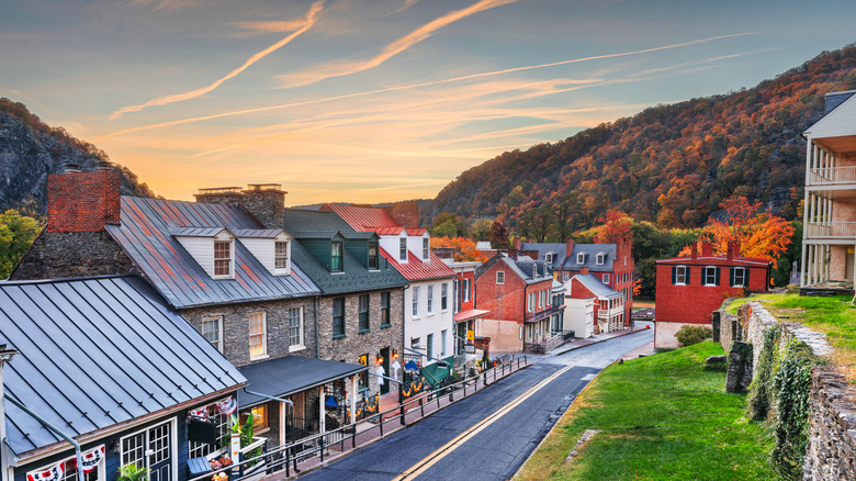 Harpers Ferry, West Virginia, USA townscape at dawn in autumn.