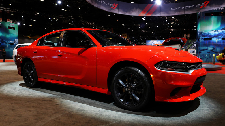 Dodge Charger in red on display.