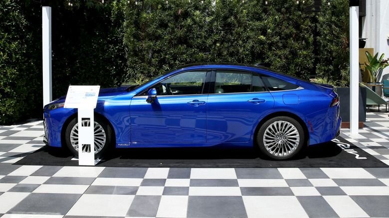 A blue Toyota Mirai on display at the 2021 Environmental Media Association IMPACT Summit