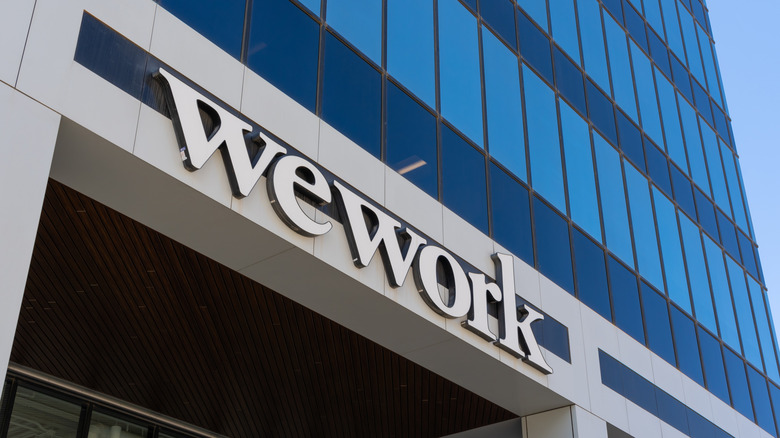 WeWork sign on an office building in Salt Lake City, Utah, USA.