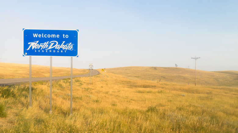 A Welcome to North Dakota road sign in front of a large expanse of grass