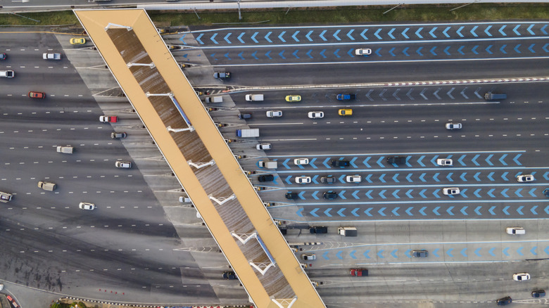 Aerial view of a toll gate with multiple lanes