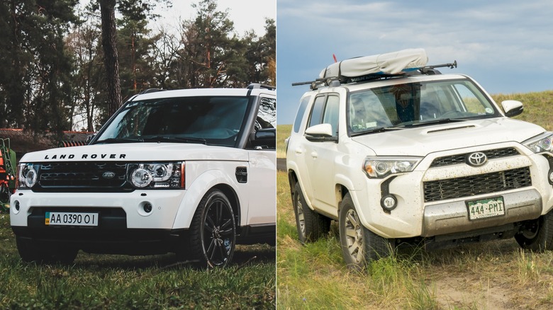 Split image of a white Land Rover Discovery in a wooded area beside a white Toyota 4Runner parked off-road with gear attached ot its roof