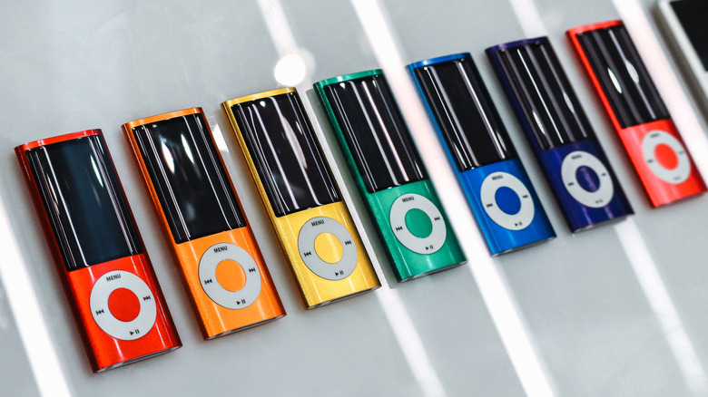 A line of colorful iPod Nanos