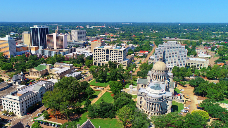 An overhead view of Jackson, Mississippi, and the Mississippi State Capitol Building