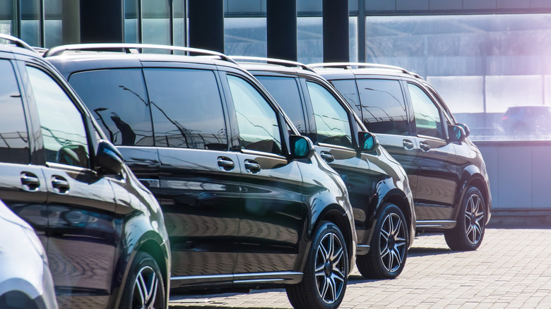 Row of parked minivans lined up outdoors