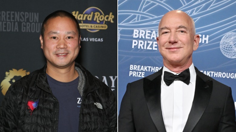 Side-by-side headshots of late Zappos CEO Tony Hsieh (left) and Amazon founder Jeff Bezos (right)
