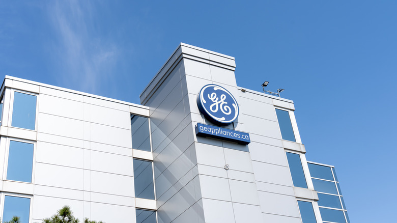 Close up of GE Appliances sign on the building in Burlington