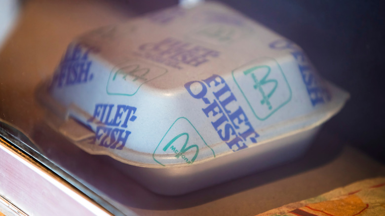 Close-up of a Filet-O-Fish sandwich in vintage packaging