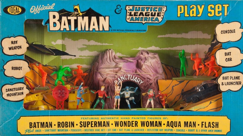 A close-up of an Official 1966 Batman Justice League of America Play Set.