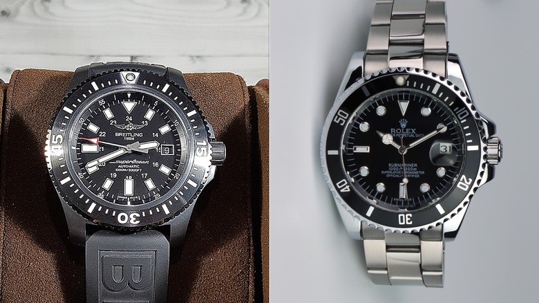 A black Breitling SuperOcean on the left, a similarly colored Rolex Submariner
