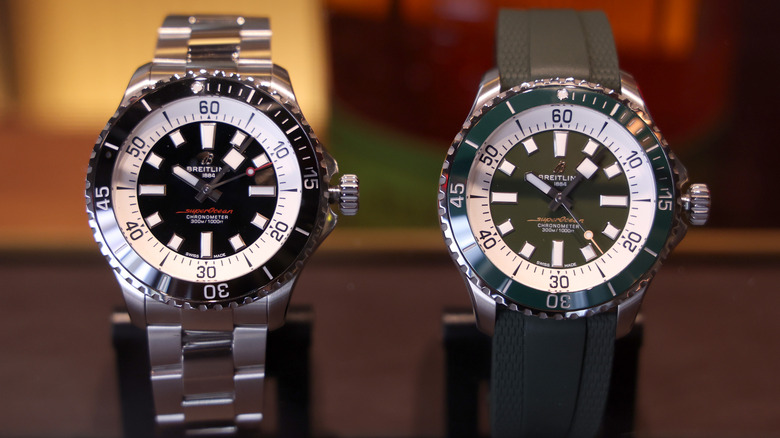 Side-by-side Breitling SuperOceans on display