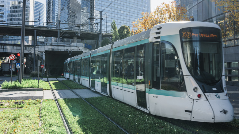 Paris tram on a sunny day.