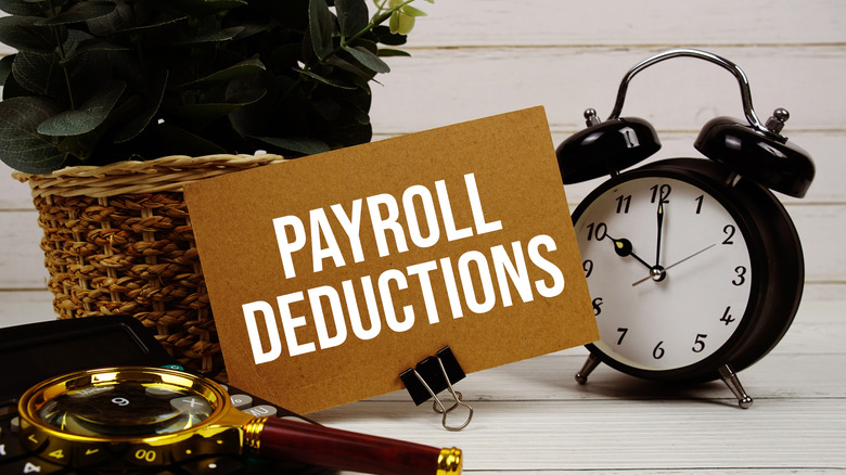 Payroll Deductions text on paper card with alarm clock, calculator and magnifying glass on wooden background