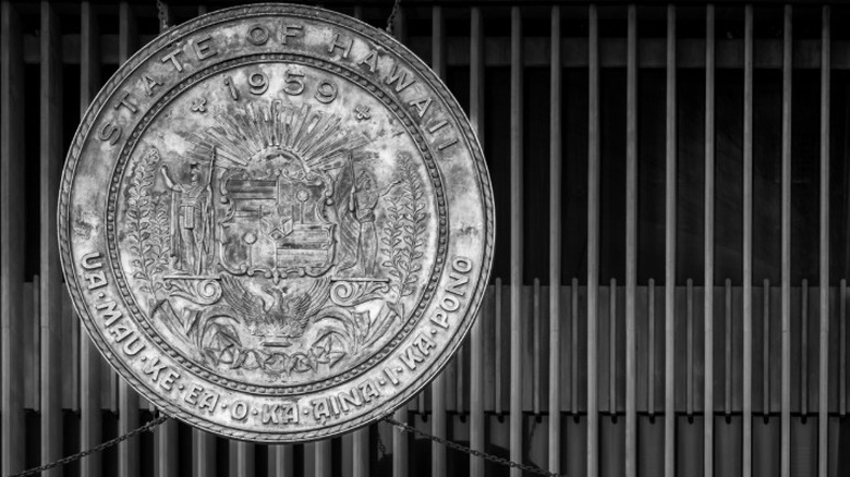 The Hawaii state seal on a public building in Honolulu.