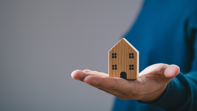 Man holding tiny house