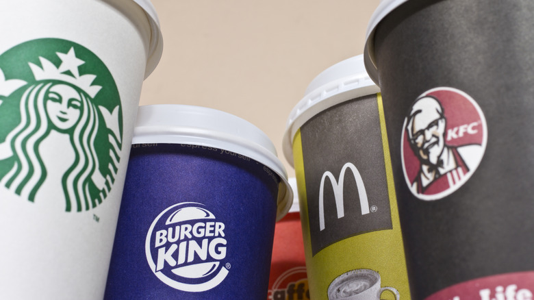 Disposable cups from different fast food brands