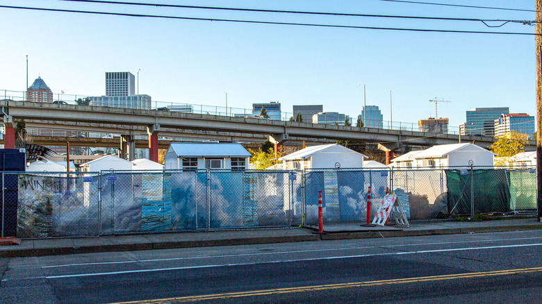 Homeless encampment featuring small houses in Portland Oregon