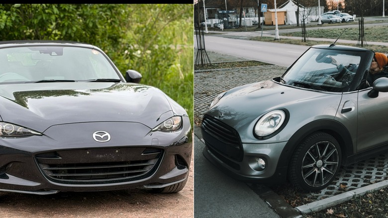 A side-by-side comparison of a gray Mazda MX-5 Miata and a gray MINI Cooper convertible