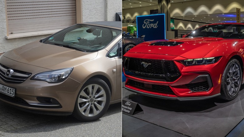 A beige Opel Cascada, the European counterpart of the Buick Cascada, beside a red Ford Mustang
