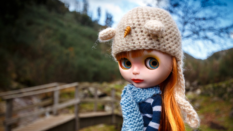 Blythe style doll in cap and scarf in nature