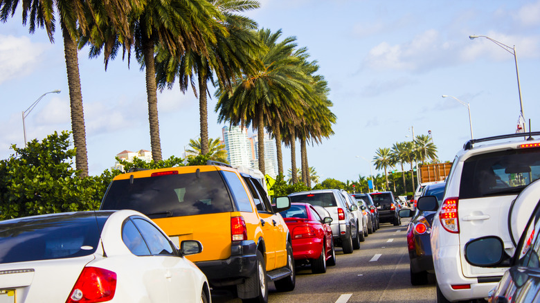 Cars in a traffic jam on the way to Miami Beach, Florida